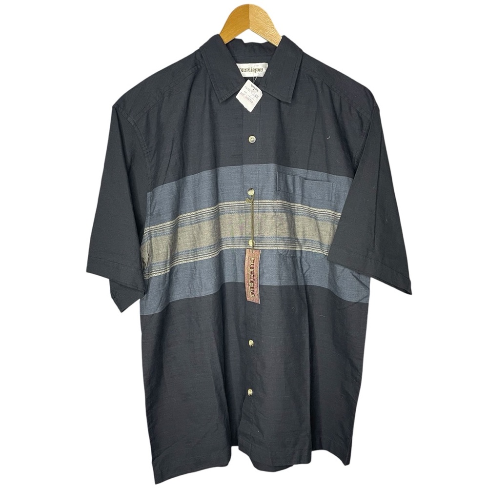 Rustique Button Up Shirt M Black Tan Blue Gray Short Sleeve Stripes NWT NEW